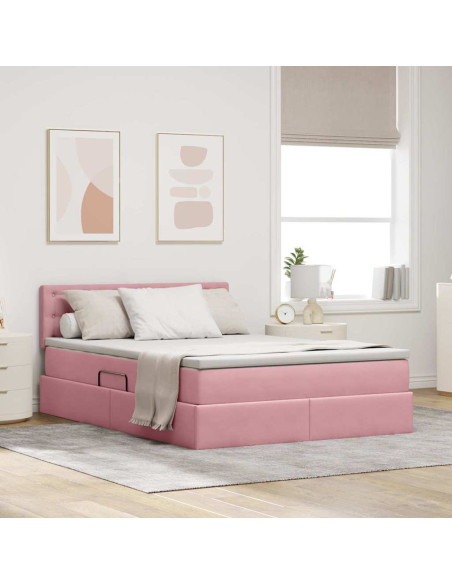 Letto con contenitore e LED con led Rosa 140 x 200 cm Velluto