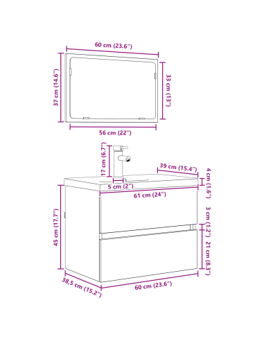 Set di mobili per il bagno con cassetto 3 pcs Legno vecchio