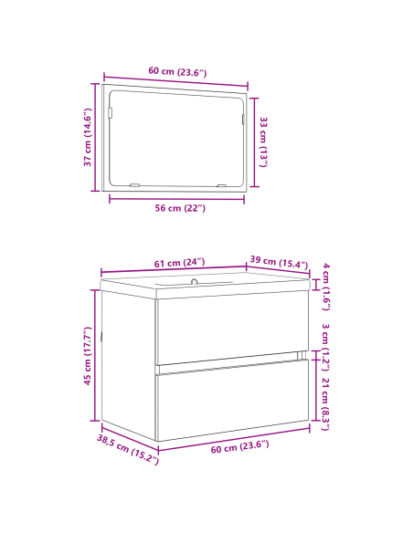 Set di mobili per il bagno con cassetto 3 pcs Legno vecchio