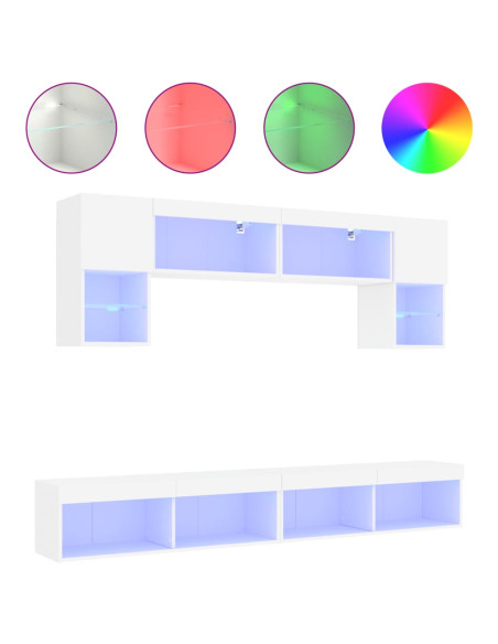 Mobili TV a Muro con LED 6pz Bianchi in Legno Multistrato