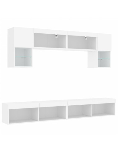 Mobili TV a Muro con LED 6pz Bianchi in Legno Multistrato