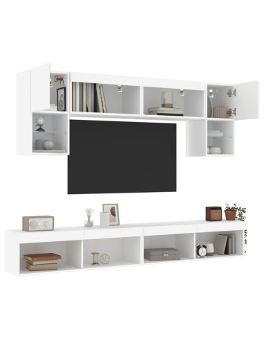 Mobili TV a Muro con LED 6pz Bianchi in Legno Multistrato