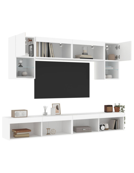 Mobili TV a Muro con LED 6pz Bianchi in Legno Multistrato