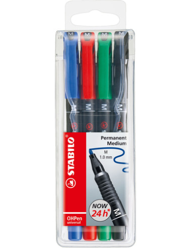 STABILO OHPen universal permanent, 4 Pack marcatore permanente Tipo di punta Nero, Blu, Verde, Rosso 4 pz