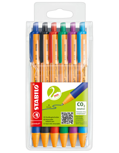STABILO pointball Nero, Blu, Verde, Rosso, Turchese, Viola Penna a sfera retrattile a clip 6 pz