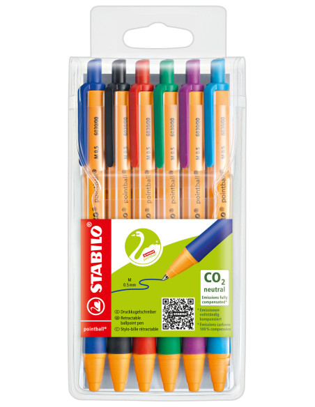 STABILO pointball Nero, Blu, Verde, Rosso, Turchese, Viola Penna a sfera retrattile a clip 6 pz