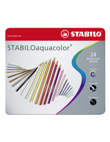 STABILO Matita colorata acquarellabile - STABILOaquacolor - Scatola in Metallo da 24 colori assortiti