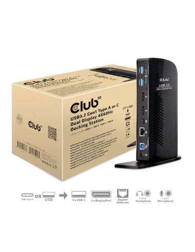 CLUB3D USB3.2 Gen1 Type A or C Dual Display 4K60Hz Docking Station DisplayLink® Certified