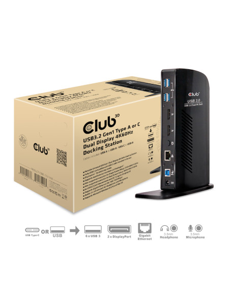 CLUB3D USB3.2 Gen1 Type A or C Dual Display 4K60Hz Docking Station DisplayLink® Certified