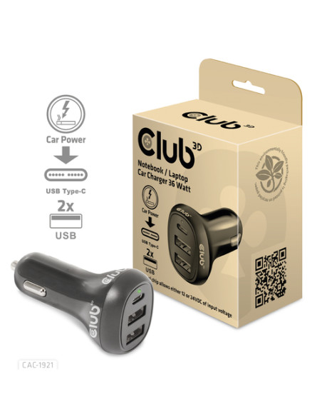 CLUB3D CAC-1921 Caricabatterie per dispositivi mobili Computer portatile Nero Accendisigari Auto