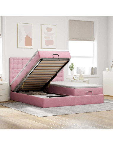 Struttura Letto Pouf con Materassi Rosa 160x200 cm Velluto