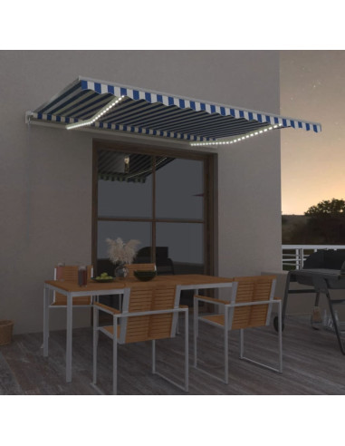 Tenda da Sole Retrattile Manuale con LED 450x350 cm Blu Bianca