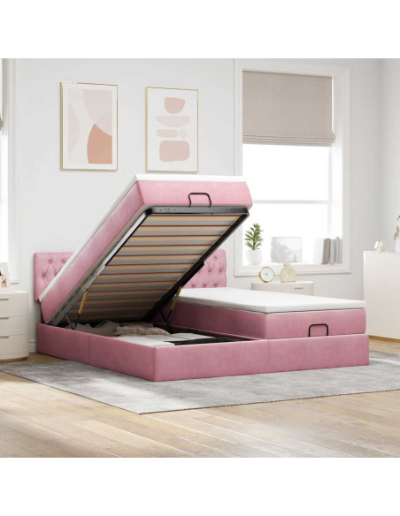 Struttura Letto Pouf con Materassi Rosa 160x200 cm Velluto