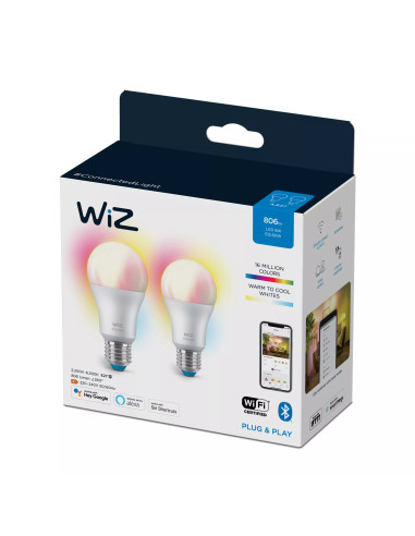 WiZ Lampadina Smart Dimmerabile Luce Bianca o Colorata Attacco E27 60W Goccia 2Pezzi