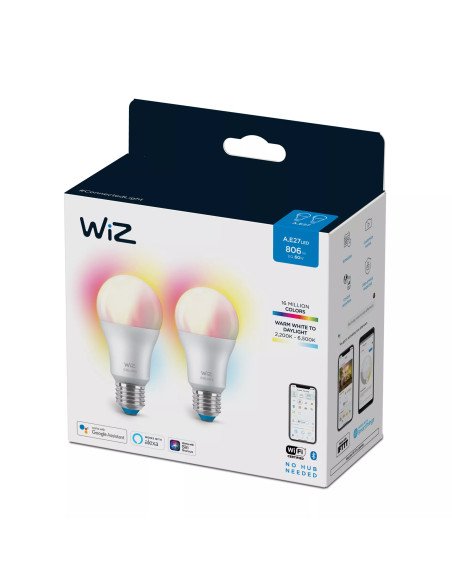 WiZ Lampadina Smart Dimmerabile Luce Bianca o Colorata Attacco E27 60W Goccia 2Pezzi