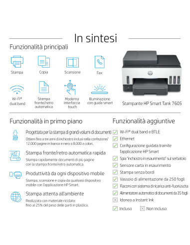 HP Smart Tank 7605 Wireless All-in-One Colore Stampante, Stampa fronte/retro fotocopiatrice, scanner