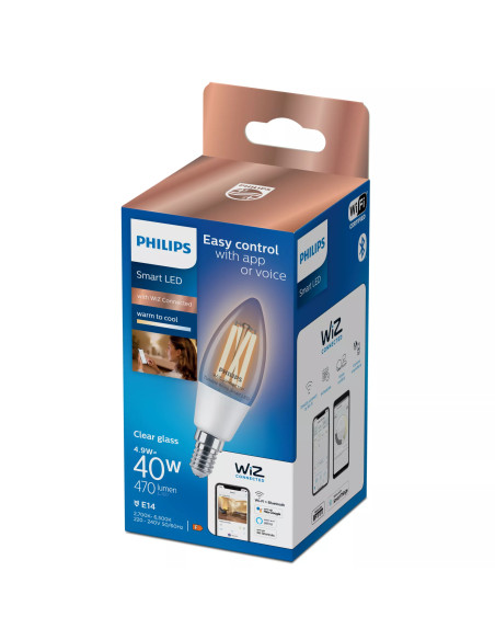 Philips LED Lampadina Smart Filament Dimmerabile Luce Bianca da Calda a Fredda Attacco E14 40W Candela
