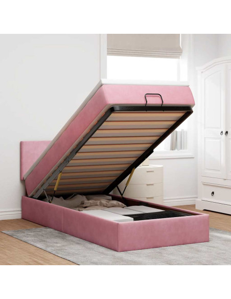 Pouf Letto con Materasso e LED Rosa 80x200cm in Velluto