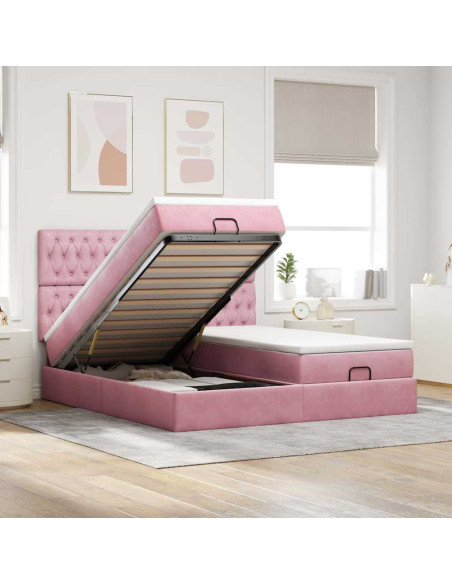 Struttura Letto Pouf con Materassi Rosa 160x200 cm Velluto