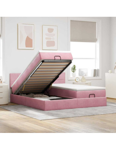 Struttura Letto Pouf con Materassi Rosa 160x200 cm Velluto