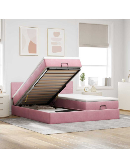 Struttura Letto Pouf con Materassi Rosa 160x200 cm Velluto