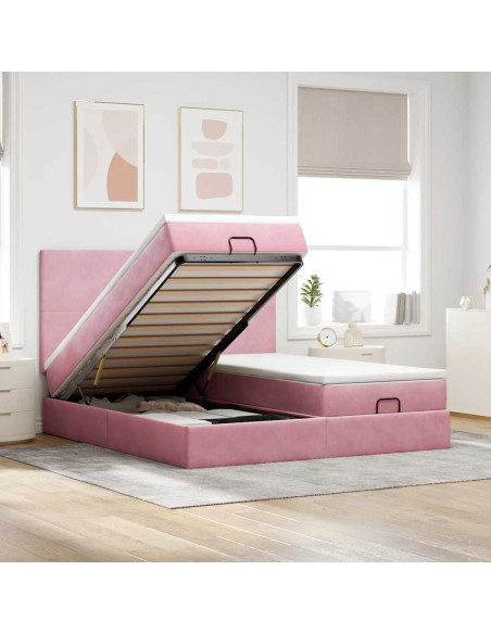 Struttura Letto Pouf con Materassi Rosa 160x200 cm Velluto