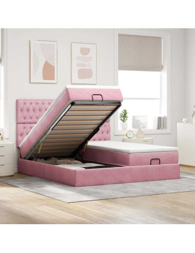 Struttura Letto Pouf con Materassi Rosa 160x200 cm Velluto