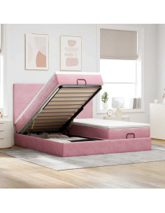 Struttura Letto Pouf con Materassi Rosa 160x200 cm Velluto