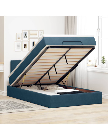 Pouf Letto con Materasso e LED Blu Scuro 120x190cm in Velluto