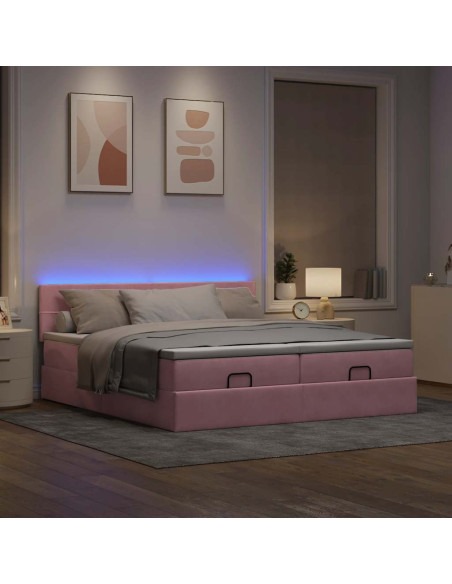 Struttura Letto Pouf con Materassi Rosa 160x200 cm Velluto