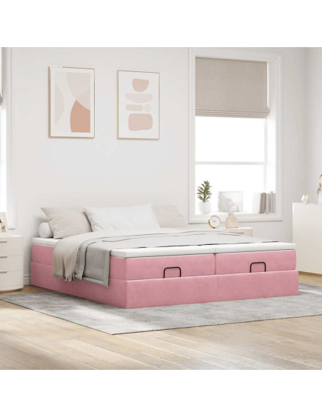 Struttura Letto Pouf con Materassi Rosa 160x200 cm Velluto
