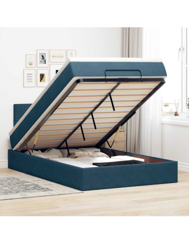 Pouf Letto con Materasso e LED Blu Scuro 120x190cm in Velluto