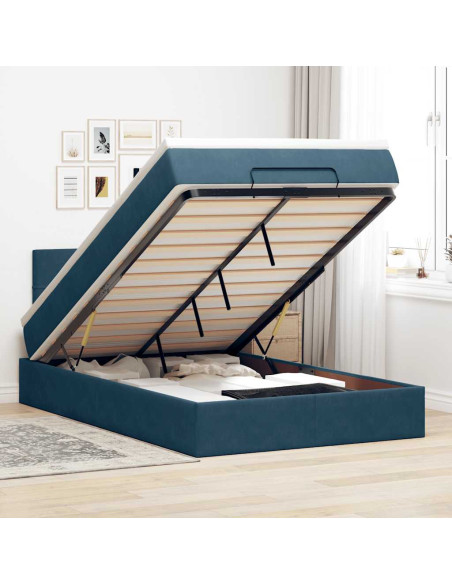 Pouf Letto con Materasso e LED Blu Scuro 120x190cm in Velluto