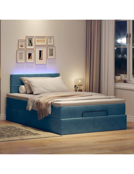 Pouf Letto con Materasso e LED Blu Scuro 120x190cm in Velluto
