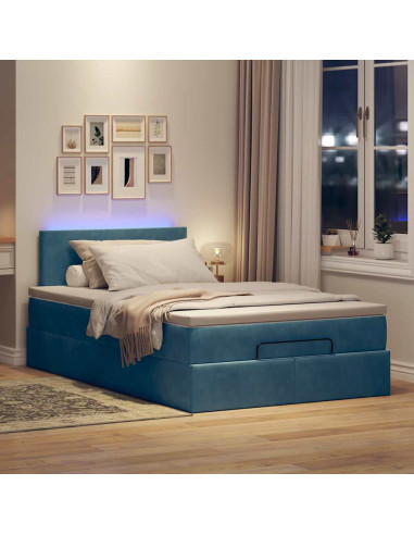Pouf Letto con Materasso e LED Blu Scuro 120x190cm in Velluto