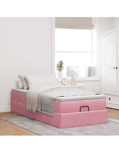 Struttura Letto Pouf con Materasso Rosa 80x200 cm Velluto