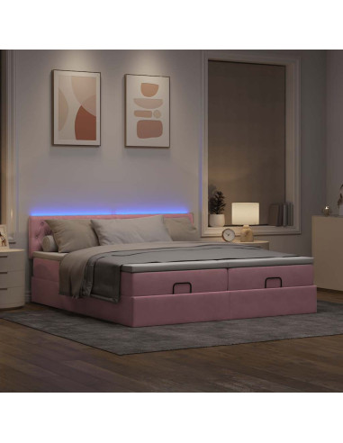 Struttura Letto Pouf con Materassi Rosa 160x200 cm Velluto