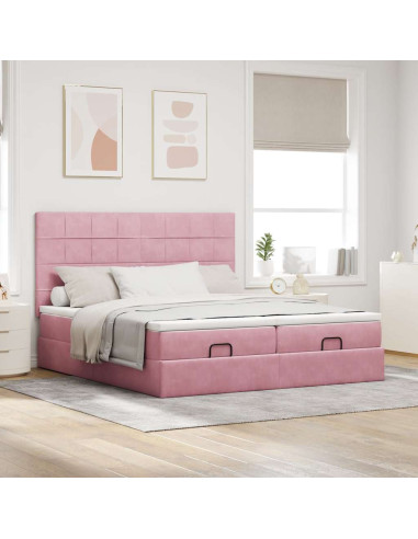 Struttura Letto Pouf con Materassi Rosa 160x200 cm Velluto