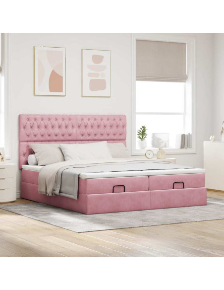 Struttura Letto Pouf con Materassi Rosa 160x200 cm Velluto
