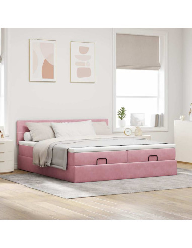 Struttura Letto Pouf con Materassi Rosa 160x200 cm Velluto