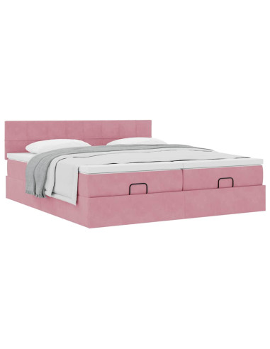 Struttura Letto Pouf con Materassi Rosa 160x200 cm Velluto