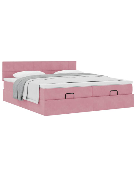 Struttura Letto Pouf con Materassi Rosa 160x200 cm Velluto