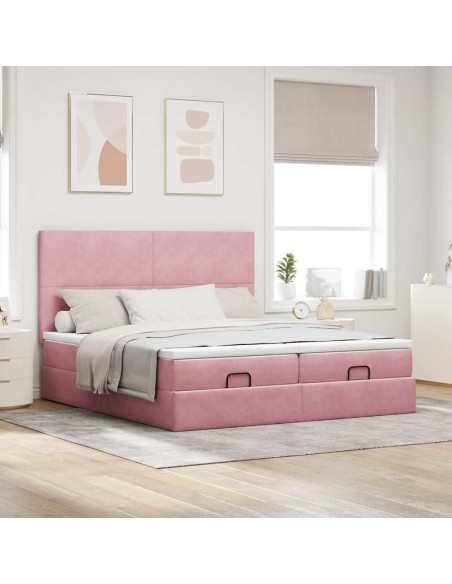 Struttura Letto Pouf con Materassi Rosa 160x200 cm Velluto