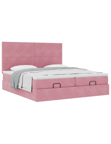 Struttura Letto Pouf con Materassi Rosa 160x200 cm Velluto