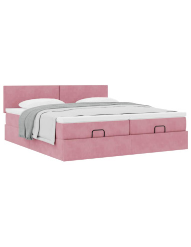 Struttura Letto Pouf con Materassi Rosa 160x200 cm Velluto