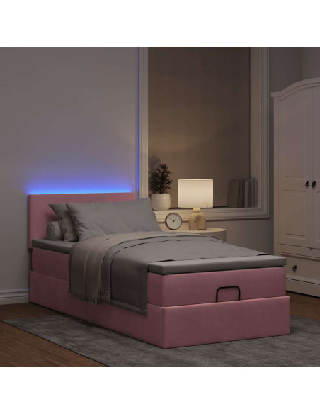Pouf Letto con Materasso e LED Rosa 80x200cm in Velluto