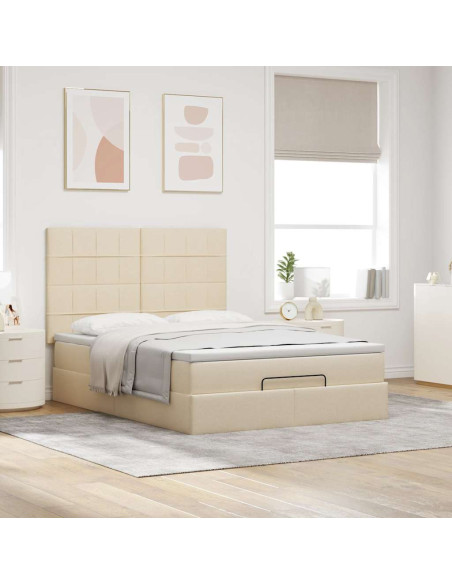 Struttura Letto Pouf con Materasso Crema 140x190 cm in Tessuto