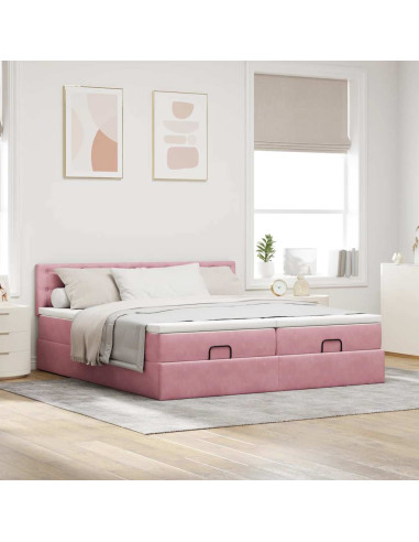Struttura Letto Pouf con Materassi Rosa 160x200 cm Velluto