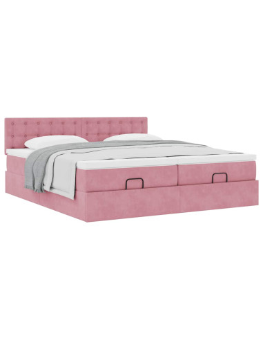 Struttura Letto Pouf con Materassi Rosa 160x200 cm Velluto