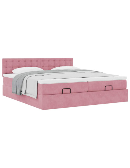 Struttura Letto Pouf con Materassi Rosa 160x200 cm Velluto